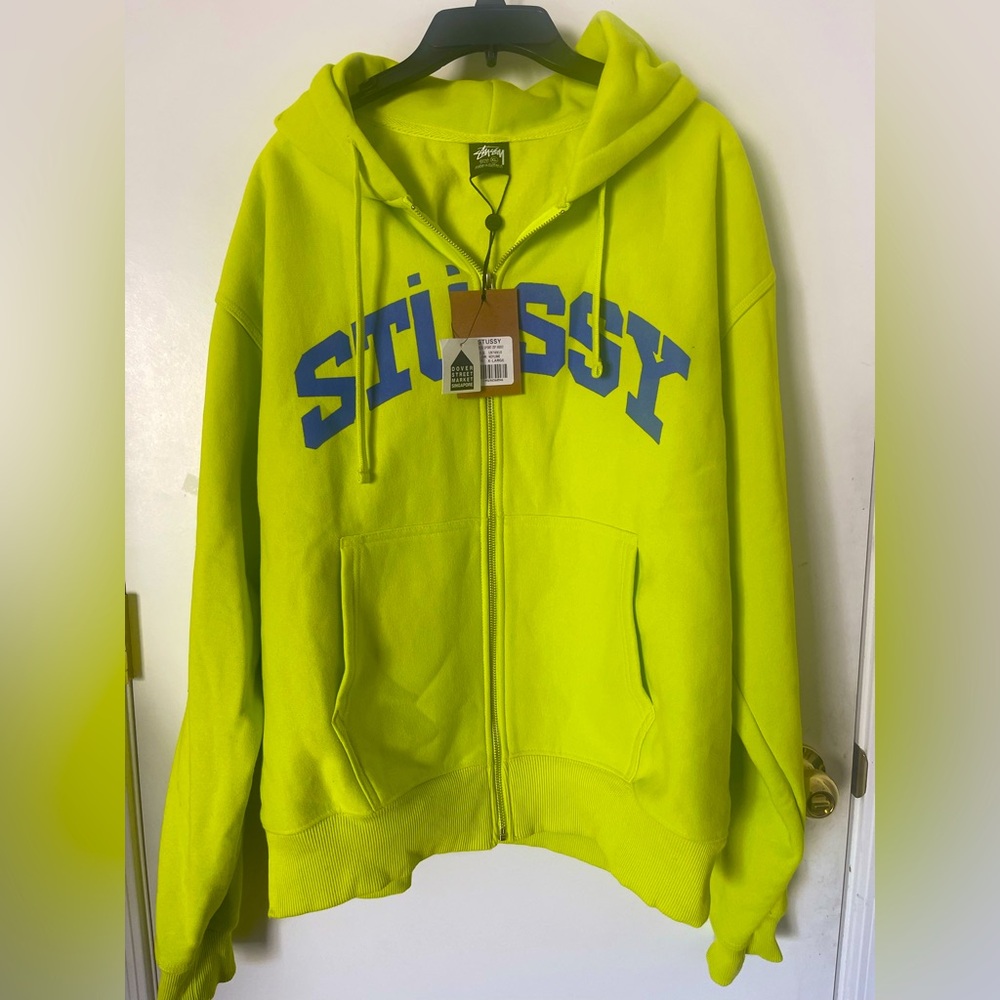 Stussy Key Lime Hoodie with Iconic Blue Lettering Size XL